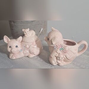 Vintage Charming Pink Pig Piglet Ceramic Sugar Bowl And Creamer Set